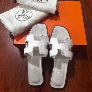 Hermes Oran White Sandals 37